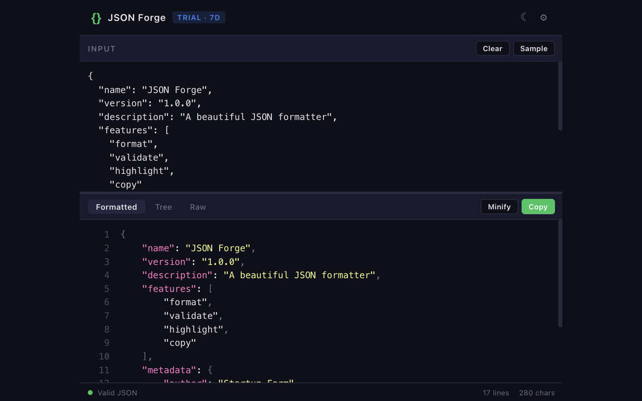 JSON Forge extension popup showing formatted JSON with syntax highlighting